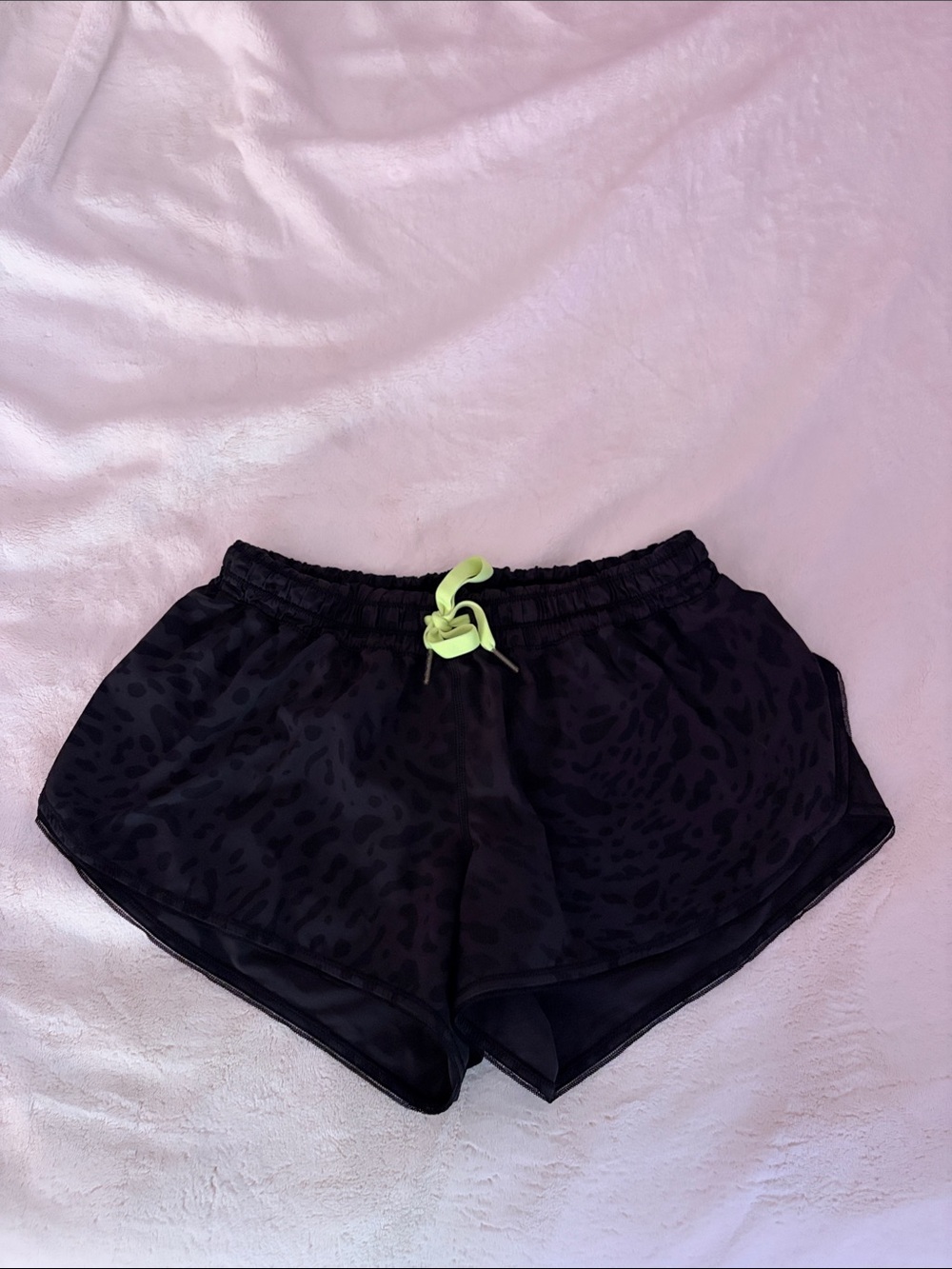 Black Leopard Print Women’s Athletic Shorts with Neon Drawstring